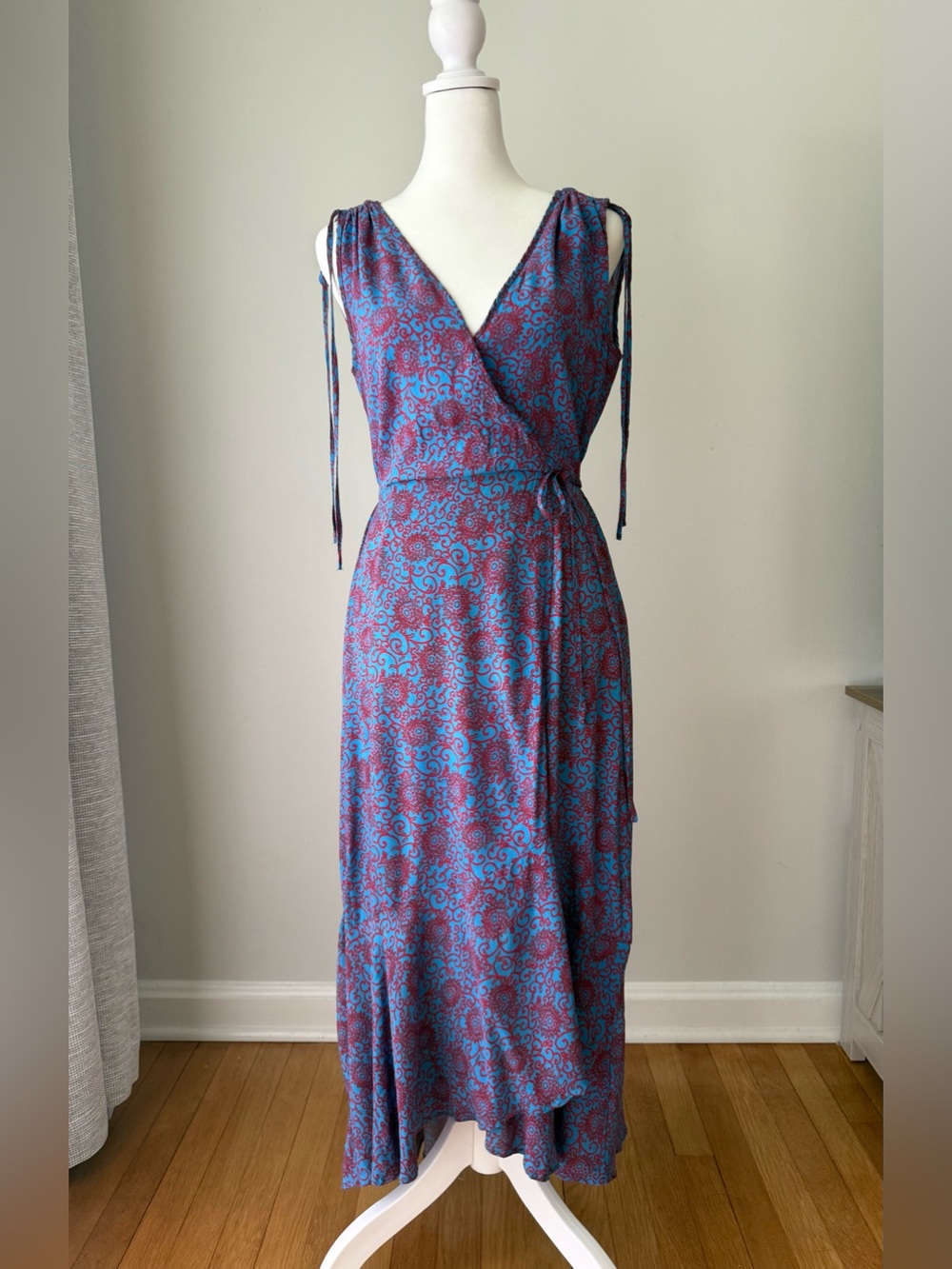 Band of Gypsies Blue Red Boho Wrap Maxi Dress Women’s Size S Sleeveless